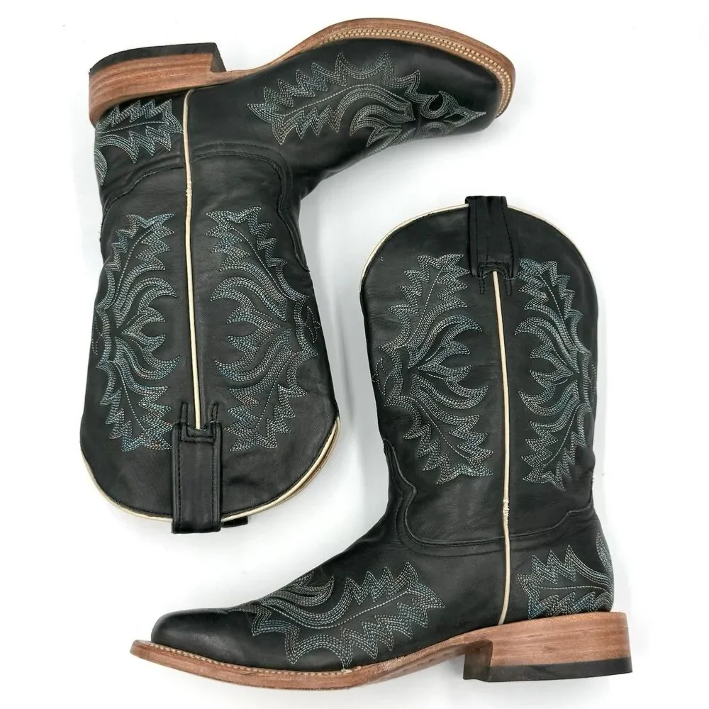 Stetson Black Leather Western Cowboy Boots Women’s US 8 Blue Embroidered Square