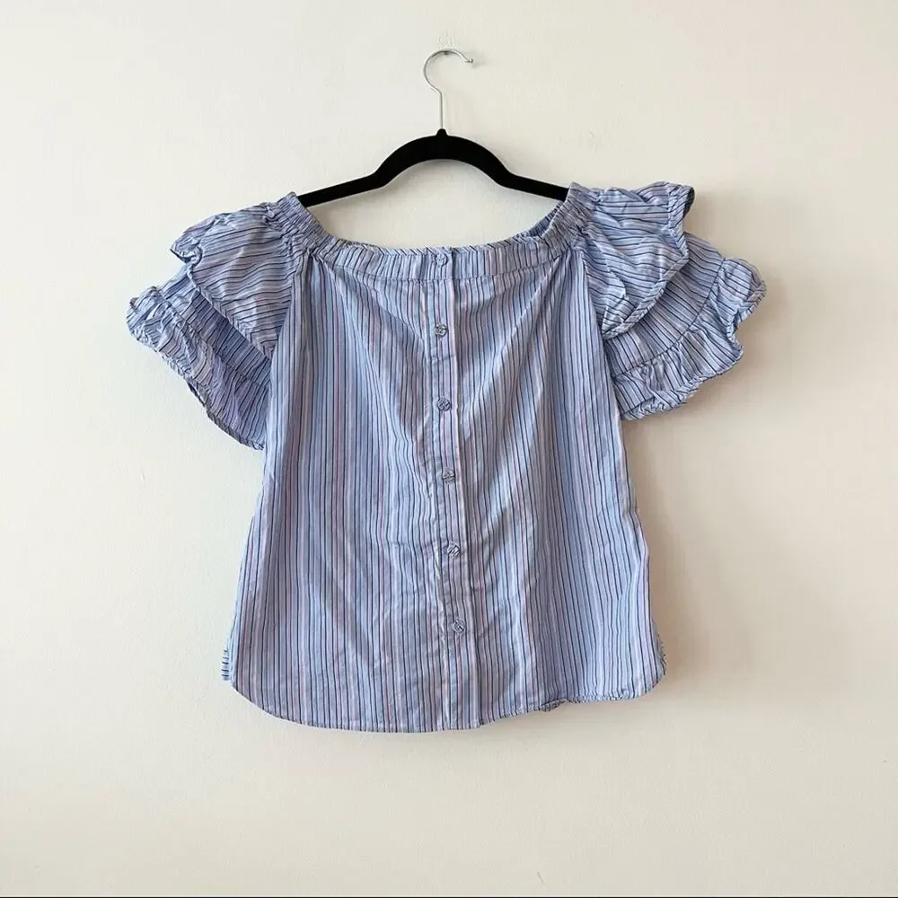 Parker Blue Striped Ruffle Off-the-Shoulder Blouse