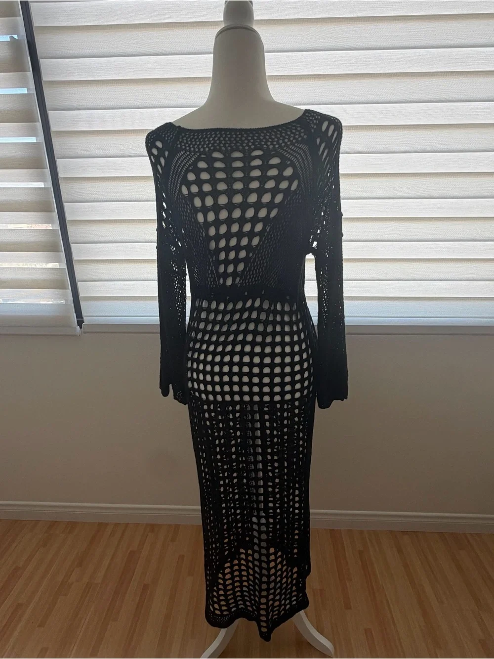 Black Crochet Knit Maxi Dress / Long Sleeve Beach Swim Cover-Up