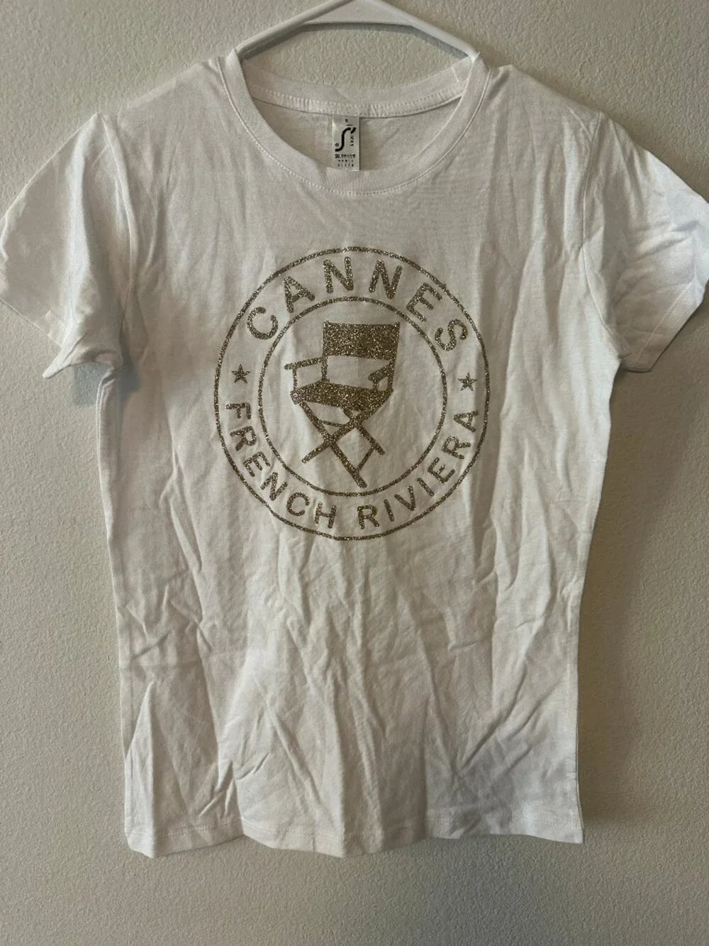 Cannes French Riviera Glitter Graphic T-Shirt Women's Medium White 100% Cotton