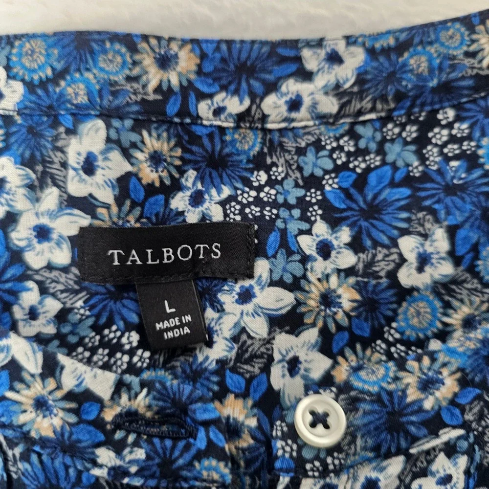 Talbots‎ Floral Pintuck Blouse Womens L Blue 100% Cotton Boho Cottagecore Spring