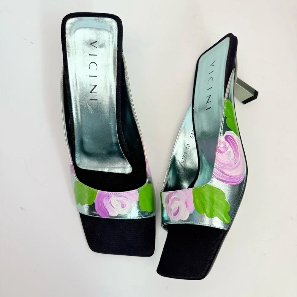 Vicini by Giuseppe Zanotti Y2K Black Metallic blue floral square toe mules EU 40