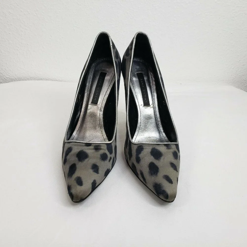 Zara Woman Heels Court Dress Pumps Size 39 Black Silver Cheetah‎ Print