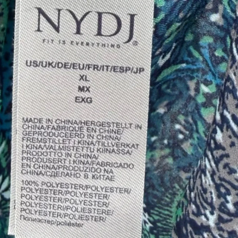 NYDJ Blouse Women XL Blue Green Abstract Botanical 3/4 Sleeve V-Neck S1F0537