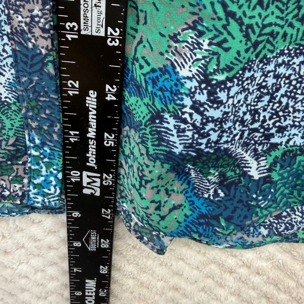 NYDJ Blouse Women XL Blue Green Abstract Botanical 3/4 Sleeve V-Neck S1F0537
