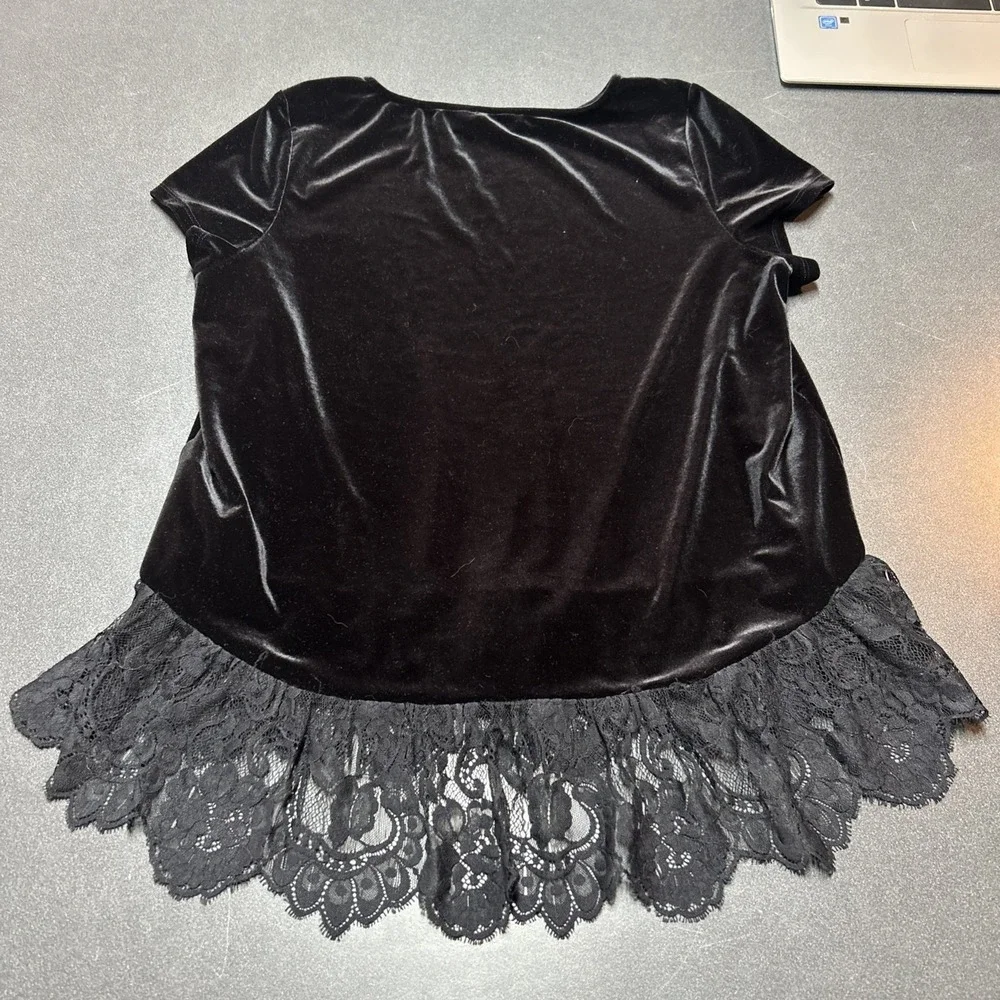 Adrianna Black Velvet Short Sleeve Top Lace Hem Size XL‎ Whimsigoth Fairygrunge