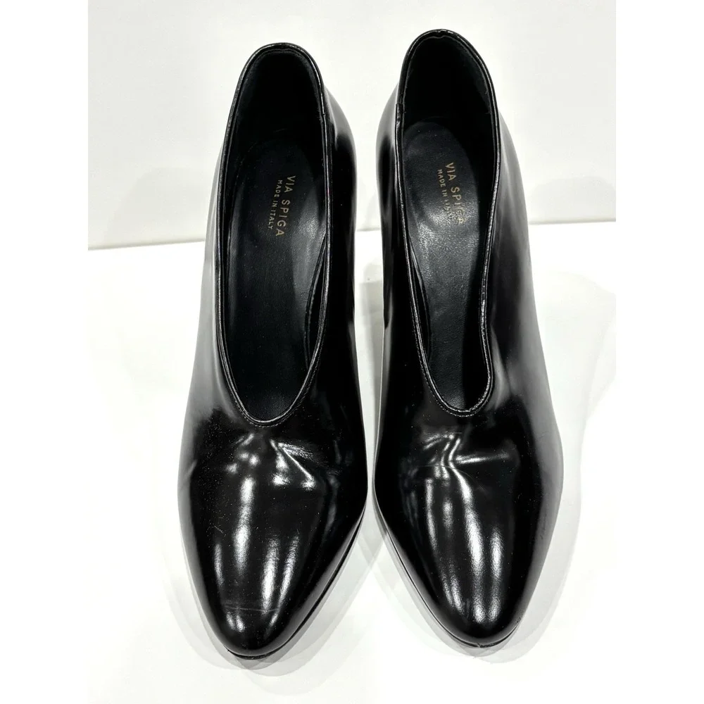 Via Spiga Italy Black Leather Pointed Toe Block Heel Pumps Women's US 8 EU 38