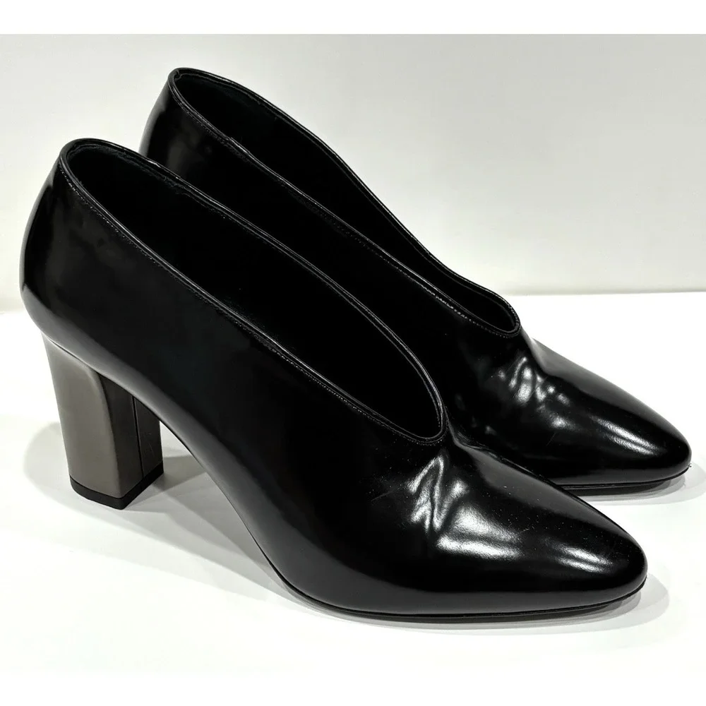 Via Spiga Italy Black Leather Pointed Toe Block Heel Pumps Women's US 8 EU 38