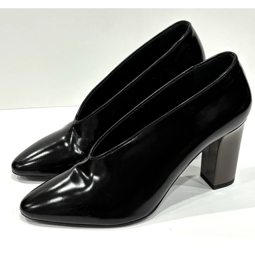 Via Spiga Italy Black Leather Pointed Toe Block Heel Pumps Women's US 8 EU 38