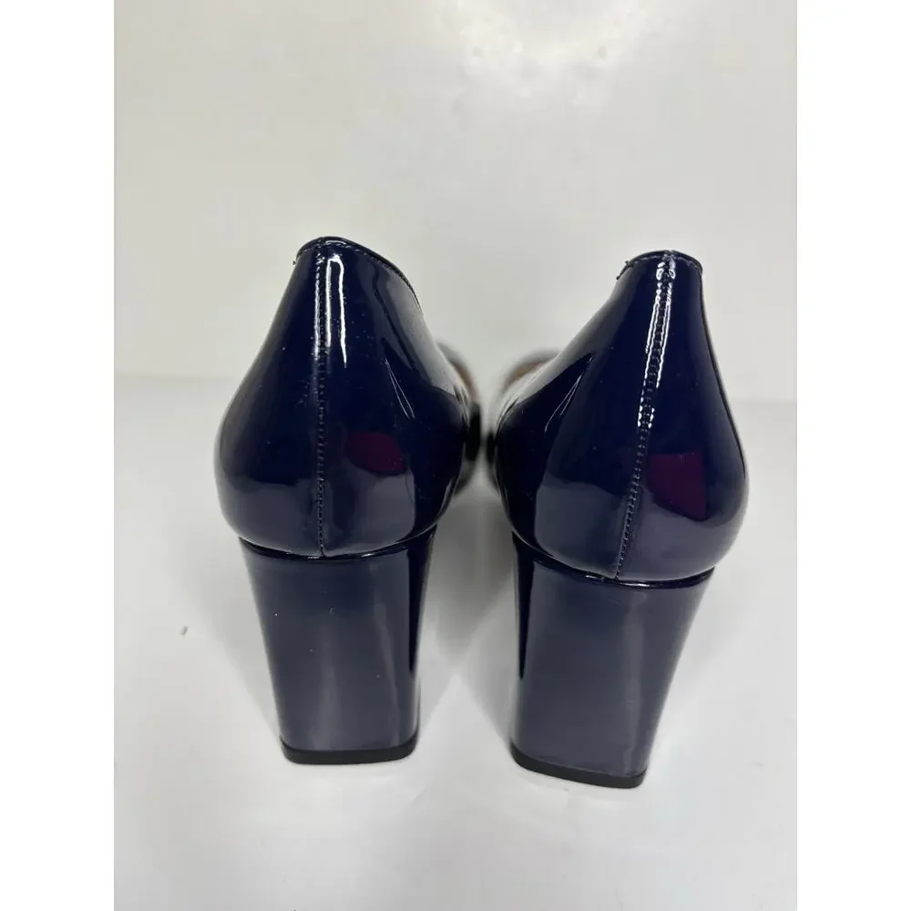 Wayderns Vintage Patent Leather Navy Blue Block Heel Pumps Womens 8.5 NIB