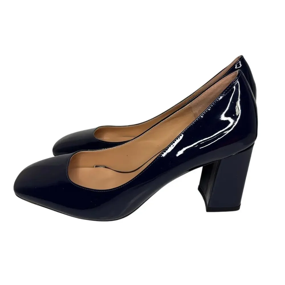 Wayderns Vintage Patent Leather Navy Blue Block Heel Pumps Womens 8.5 NIB