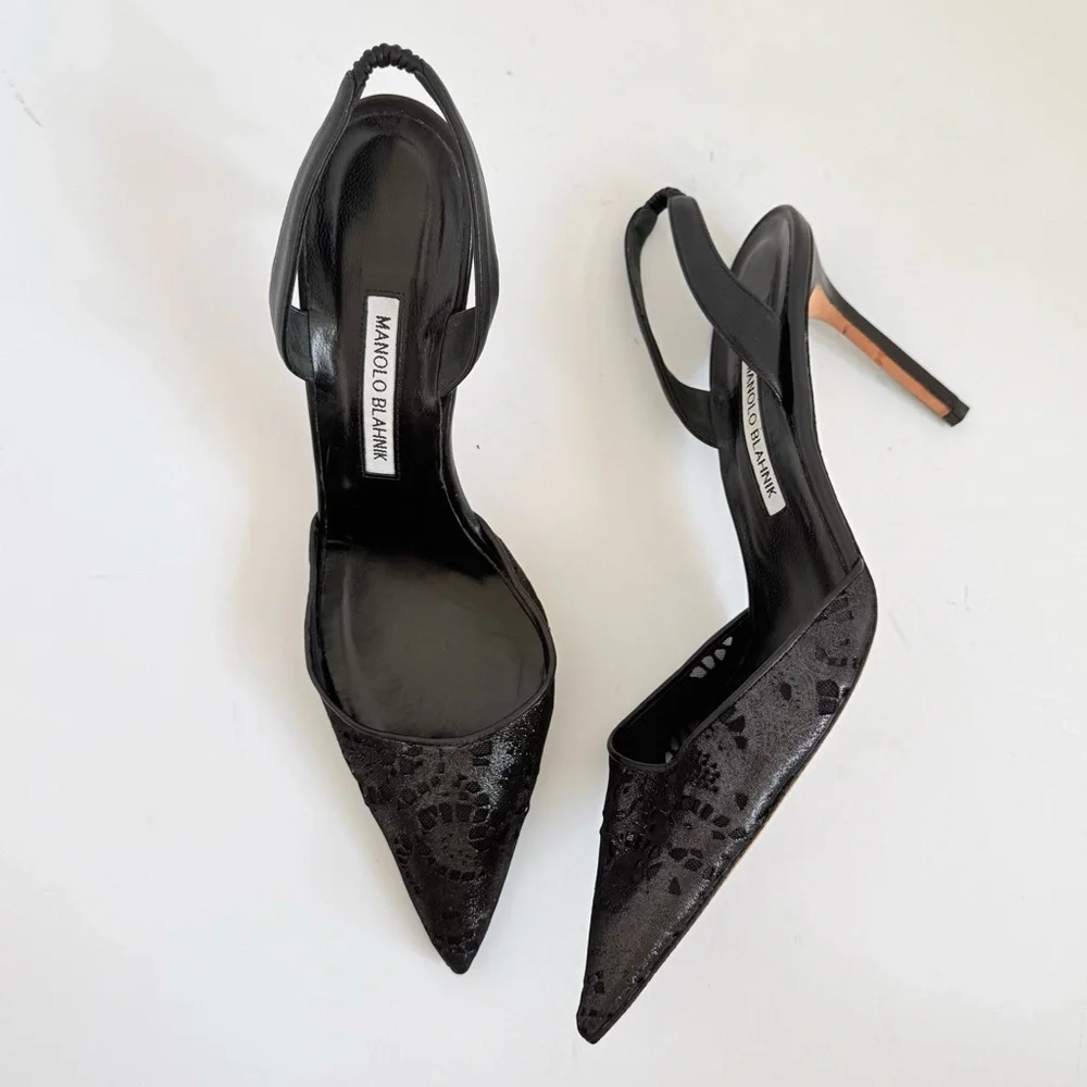 Manolo Blahnik Carolyne Slingback Pumps Black Metallic Jacquard laser cut EU 41
