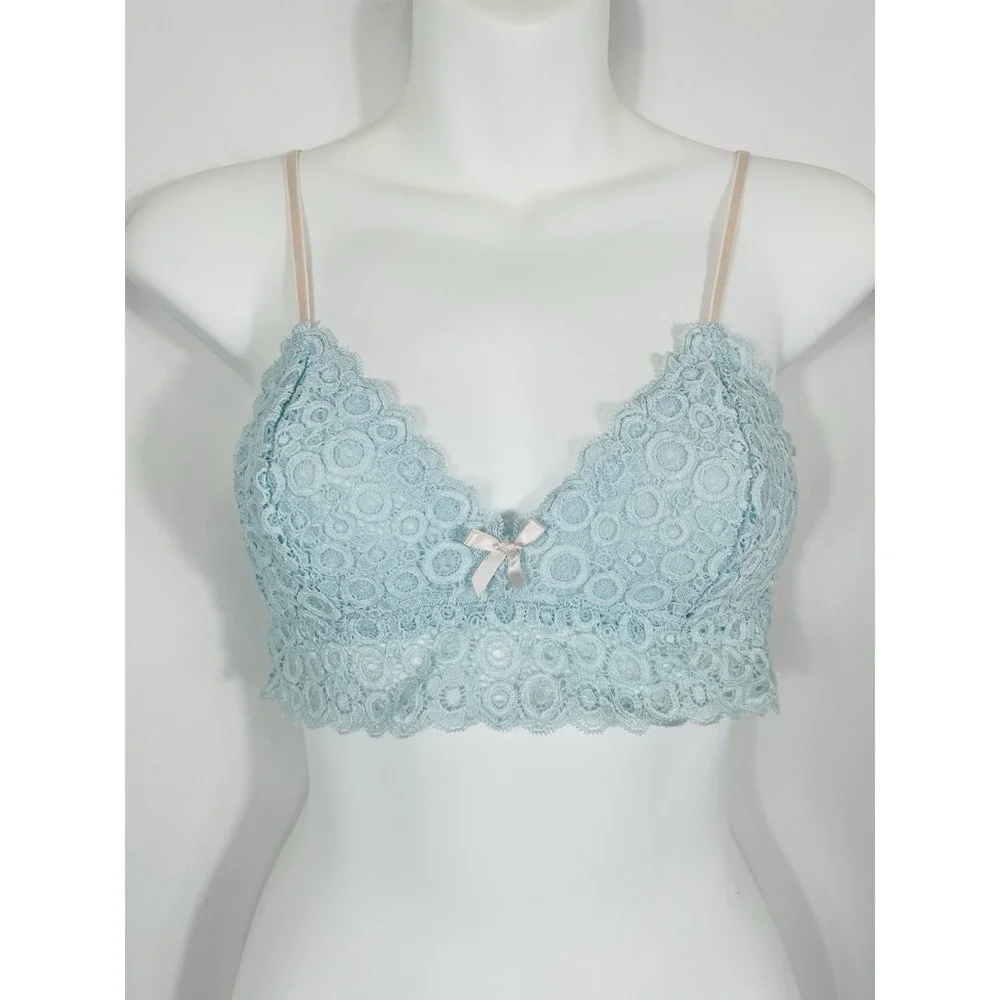 Womens Blue Lace Crop Top Bralette Size M Y2K Fairy Coquette Pink Bow Whimsical