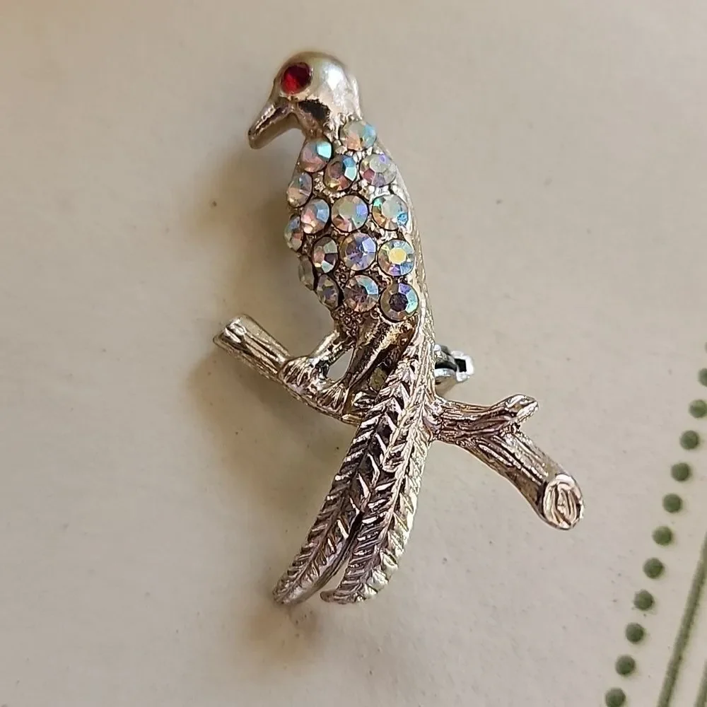 Vintage Aurora Borealis Rhinestone Embellished Bird Brooch