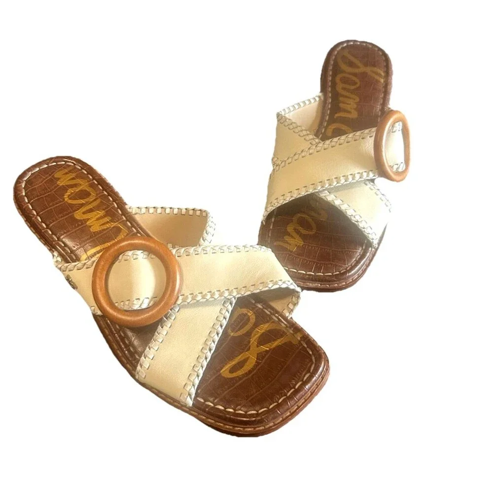 Sam Edelman Harlie Womens 8M Leather Crisscross Ivory Brown Slides Sandals