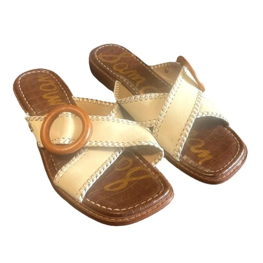 Sam Edelman Harlie Womens 8M Leather Crisscross Ivory Brown Slides Sandals