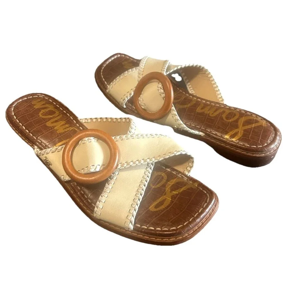 Sam Edelman Harlie Womens 8M Leather Crisscross Ivory Brown Slides Sandals