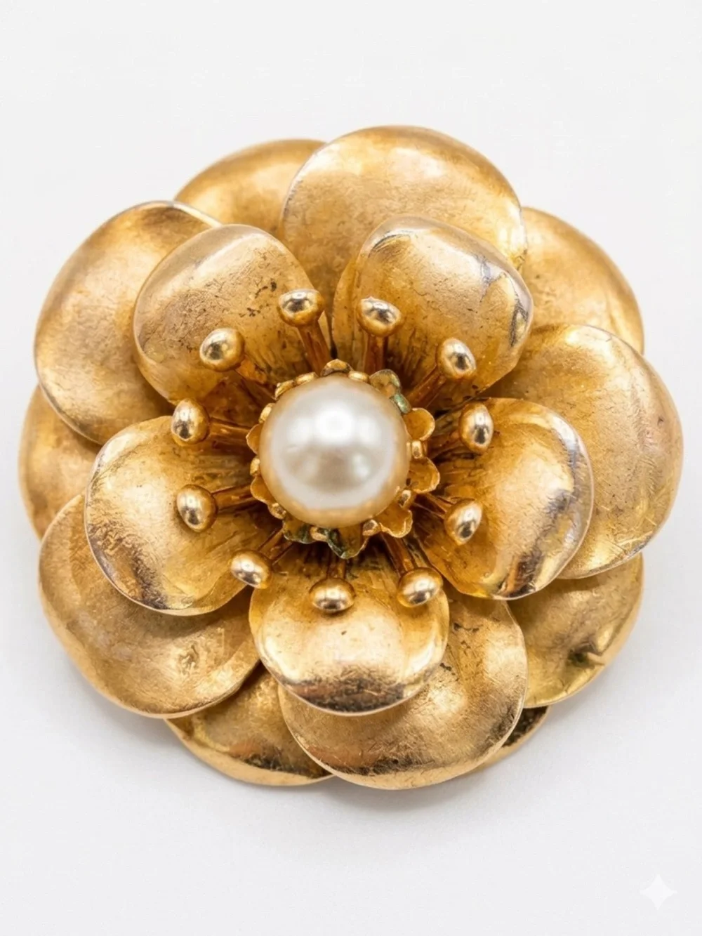Vintage Coro Gold Tone Textured Petal Camellia Flower Brooch w/Faux Pearl Center