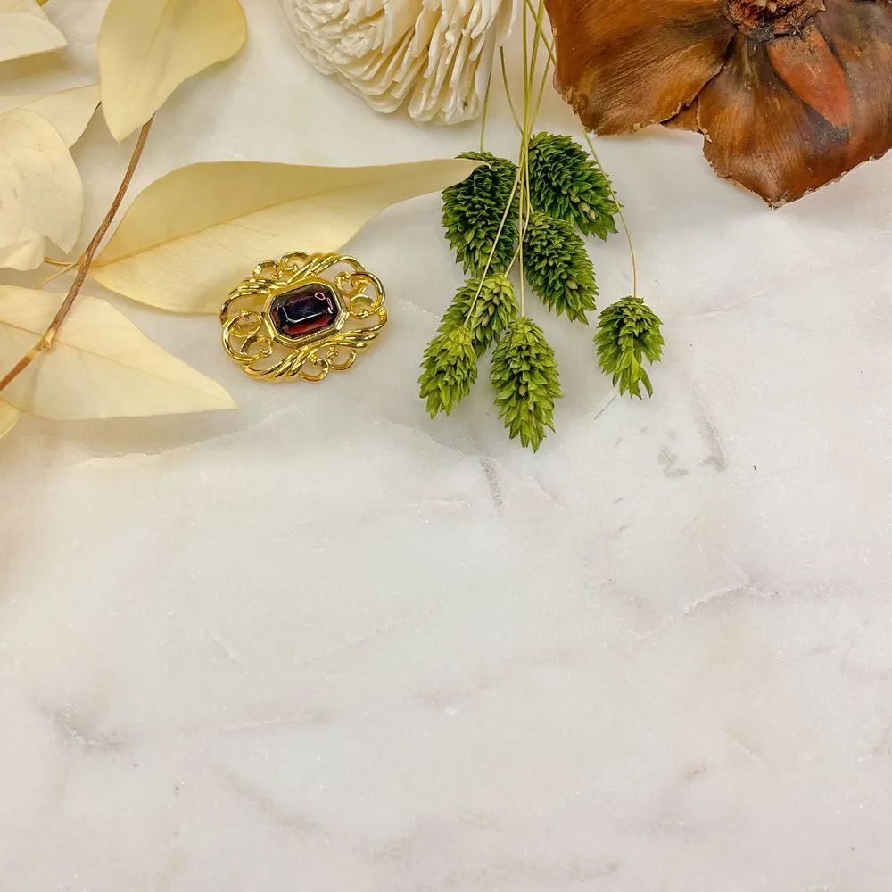 Gold Plated‎ Brooch with Amethyst Colored Center Stone