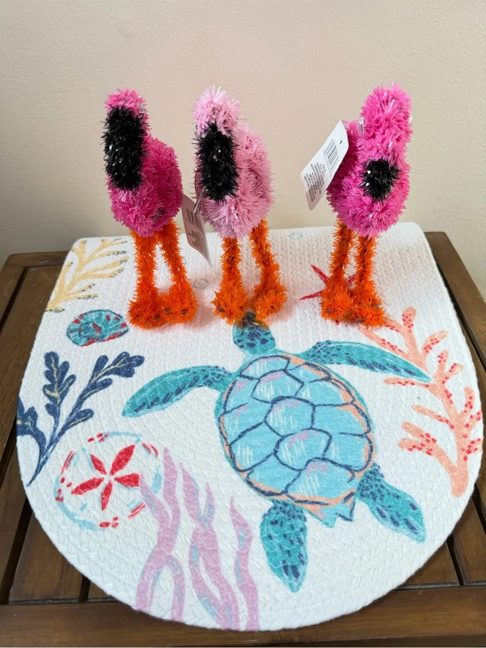 Pink 3D Flamingo Trio - Tinsel Fuzzy Decor Pink, Orange & Black