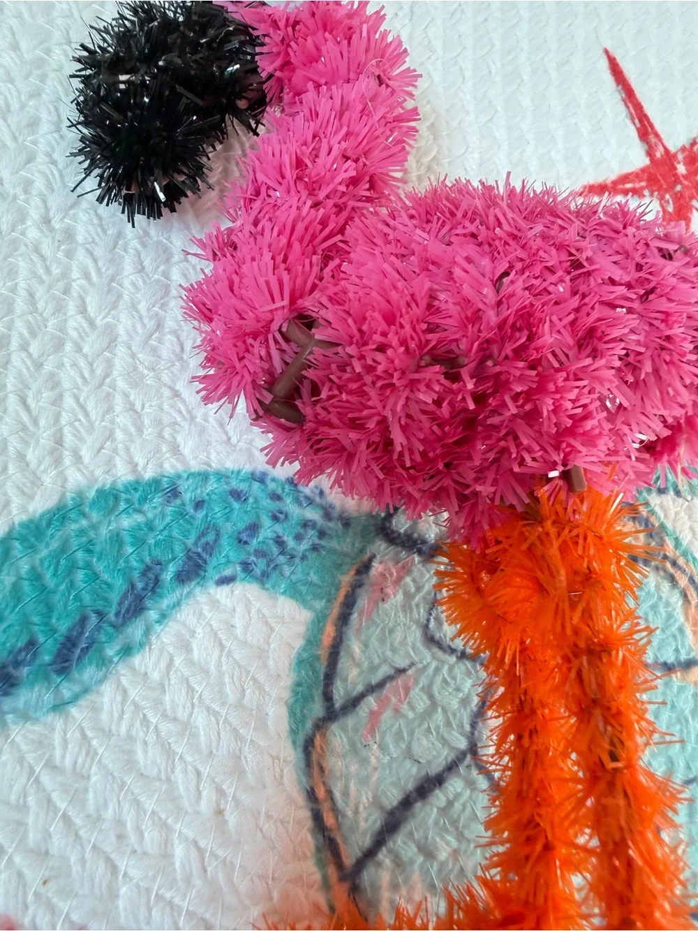 Pink 3D Flamingo Trio - Tinsel Fuzzy Decor Pink, Orange & Black