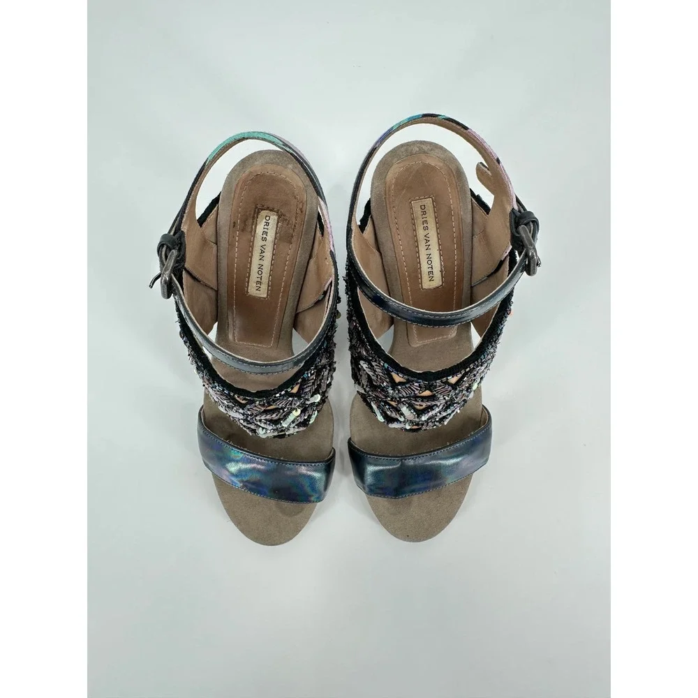 Dries Van Noten SS11 Sequin Embellished Iridescent Block Heel Sandals 36 / US 6