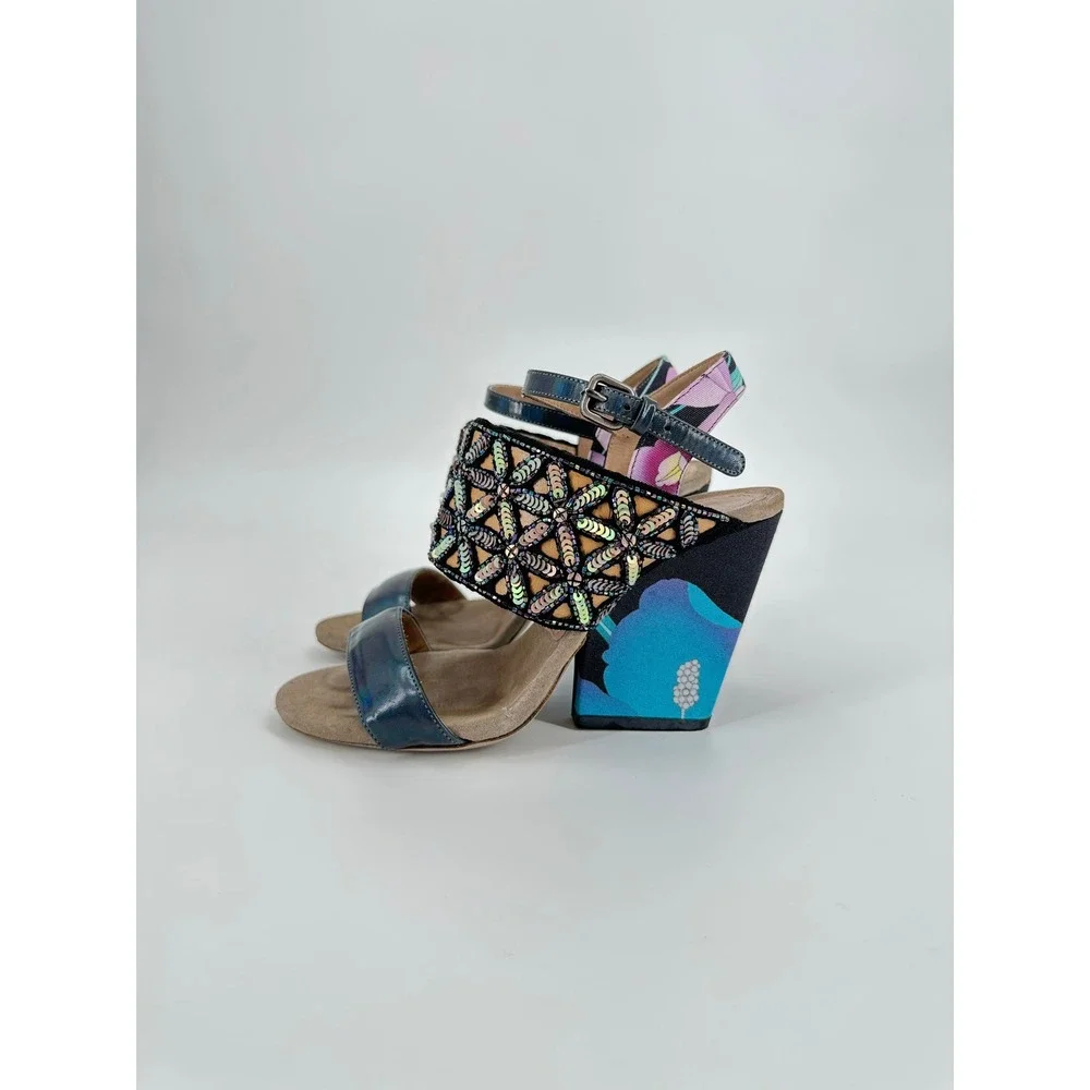 Dries Van Noten SS11 Sequin Embellished Iridescent Block Heel Sandals 36 / US 6