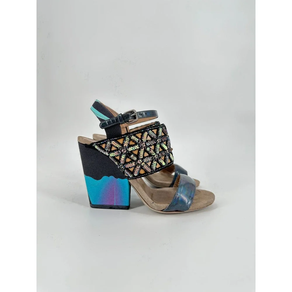 Dries Van Noten SS11 Sequin Embellished Iridescent Block Heel Sandals 36 / US 6