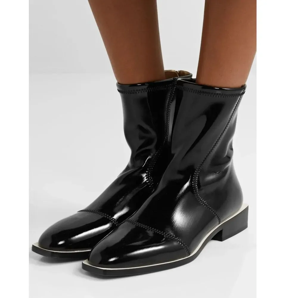 FENDI Fframe Patent Leather Neoprene Glossy Black Square Toe Ankle Boots Sz 10.5