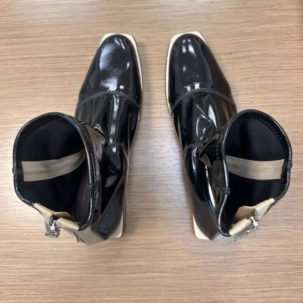 FENDI Fframe Patent Leather Neoprene Glossy Black Square Toe Ankle Boots Sz 10.5