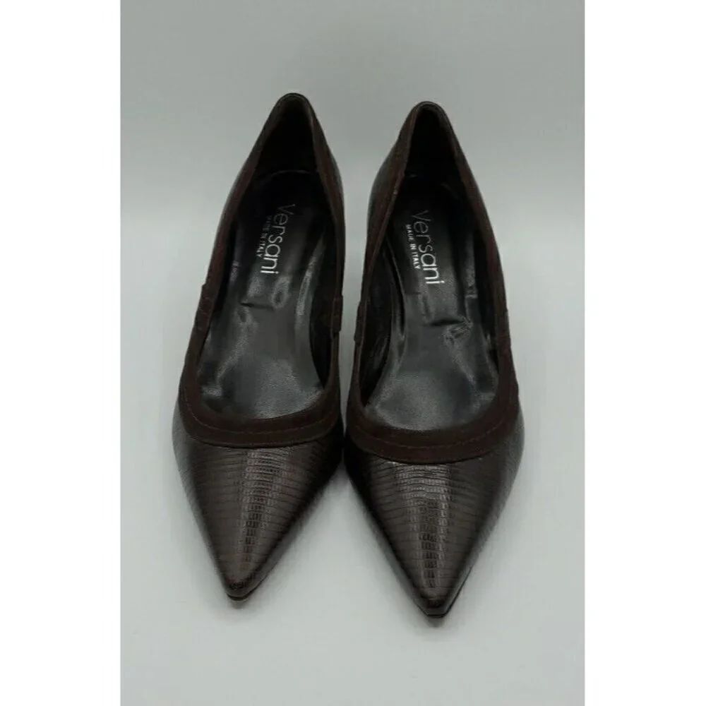 Versani Women's Brown Leather Croc with Suede Trim Heels Size 9.5 B