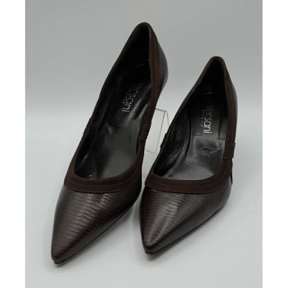 Versani Women's Brown Leather Croc with Suede Trim Heels Size 9.5 B