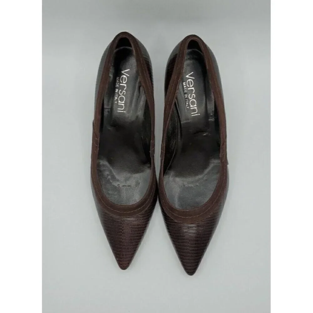 Versani Women's Brown Leather Croc with Suede Trim Heels Size 9.5 B