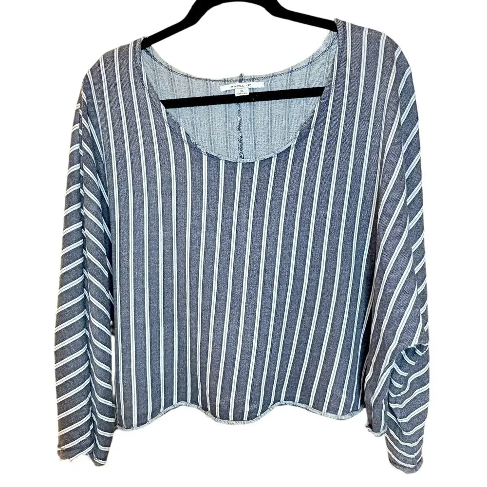 O’Neill Women’s Blue w/ White Stripes Dolman Long Sleeves Sz XL Raw Hem Shirt