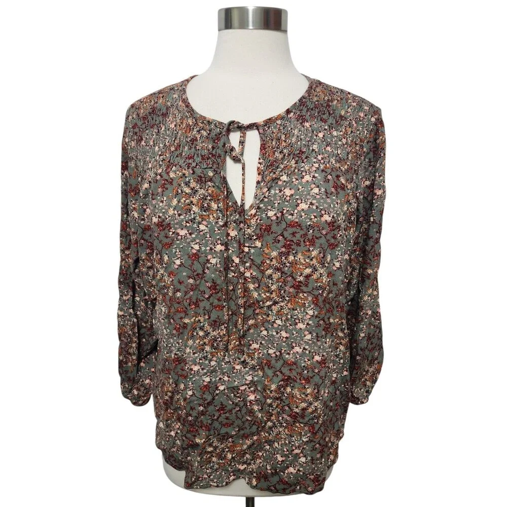 Bohemian Babydoll Top Womens XL Floral Tie V Neck Blouse Romantic Cottage Core