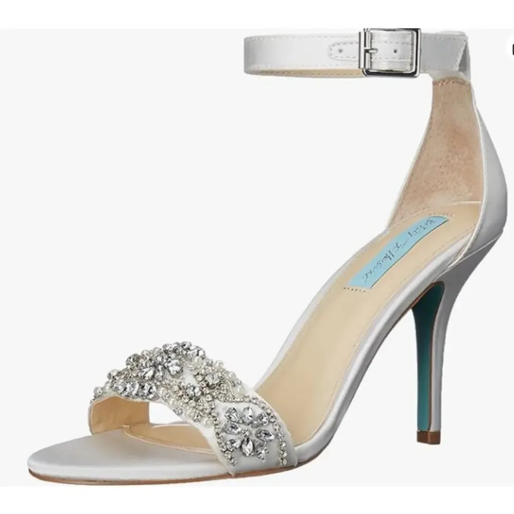Embellished White Satin Ankle-Strap Heels