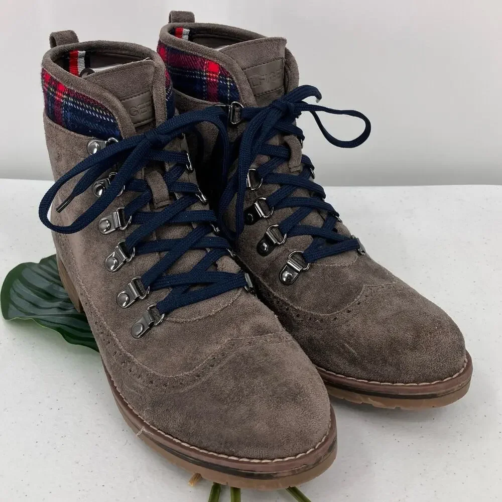 Tommy Hilfiger Gray Red Plaid Cap Top Twollia 3 Faux Suede Oxford Ankle Boots