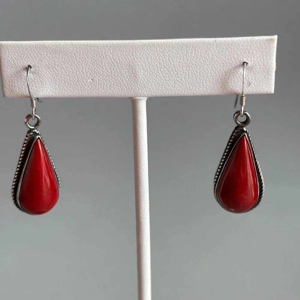925 Sterling Silver Red Stone Teardrop Drop Earrings Southwest Twisted Rope 1.5