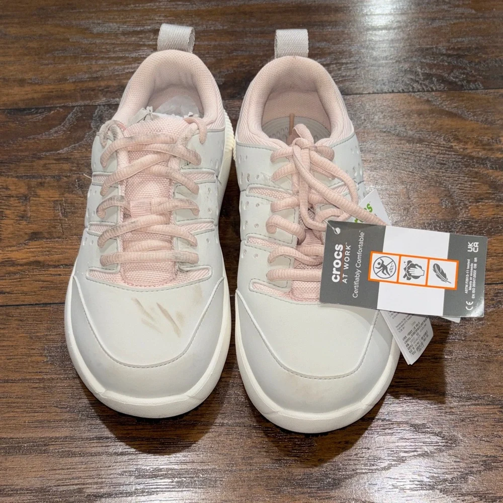 CROCS on the clock at work Women's Light Pink and White Sneakers nwt size 6
