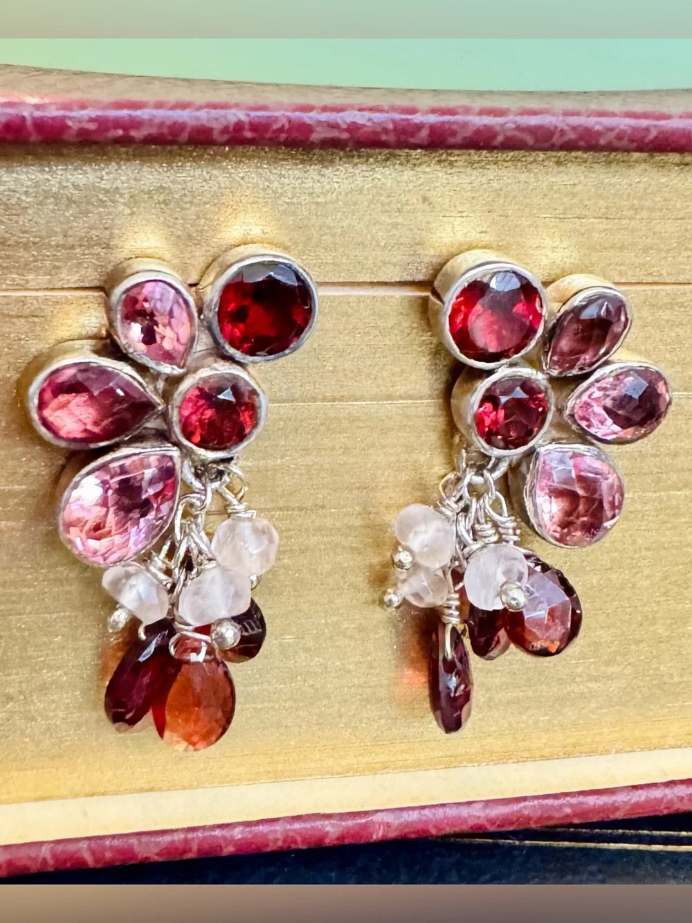 Vtg SAJEN Sterling Silver Pink Tourmaline Garnet Cluster Drop Earrings
