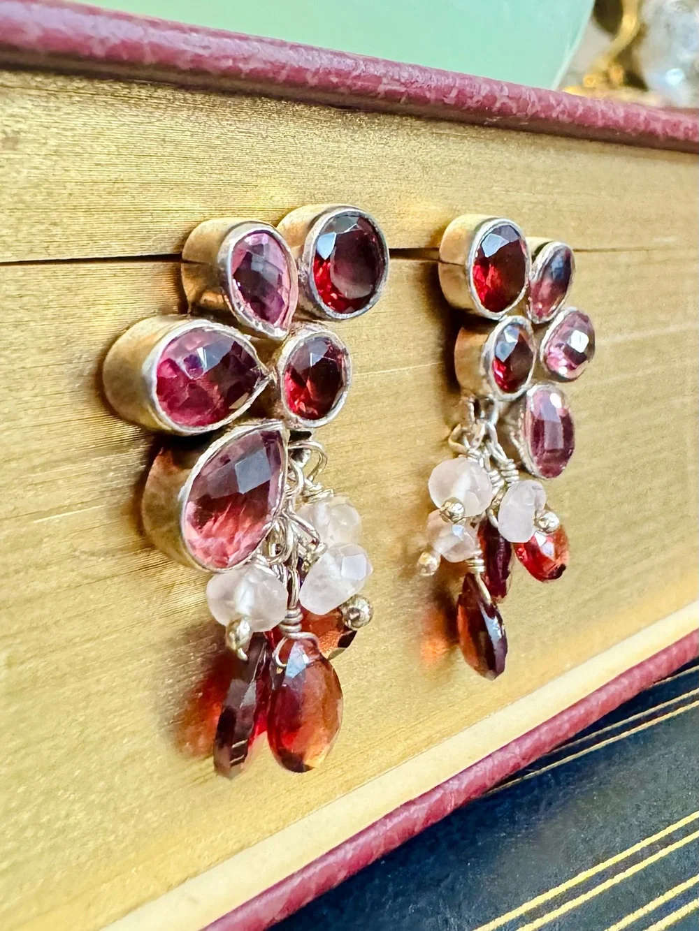 Vtg SAJEN Sterling Silver Pink Tourmaline Garnet Cluster Drop Earrings