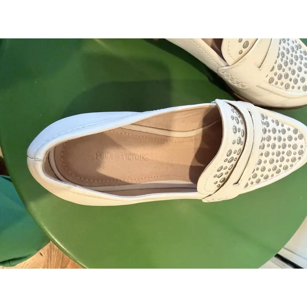 Pour La Victoire Lavis Eggshell Leather Studded Loafers Size 7.5