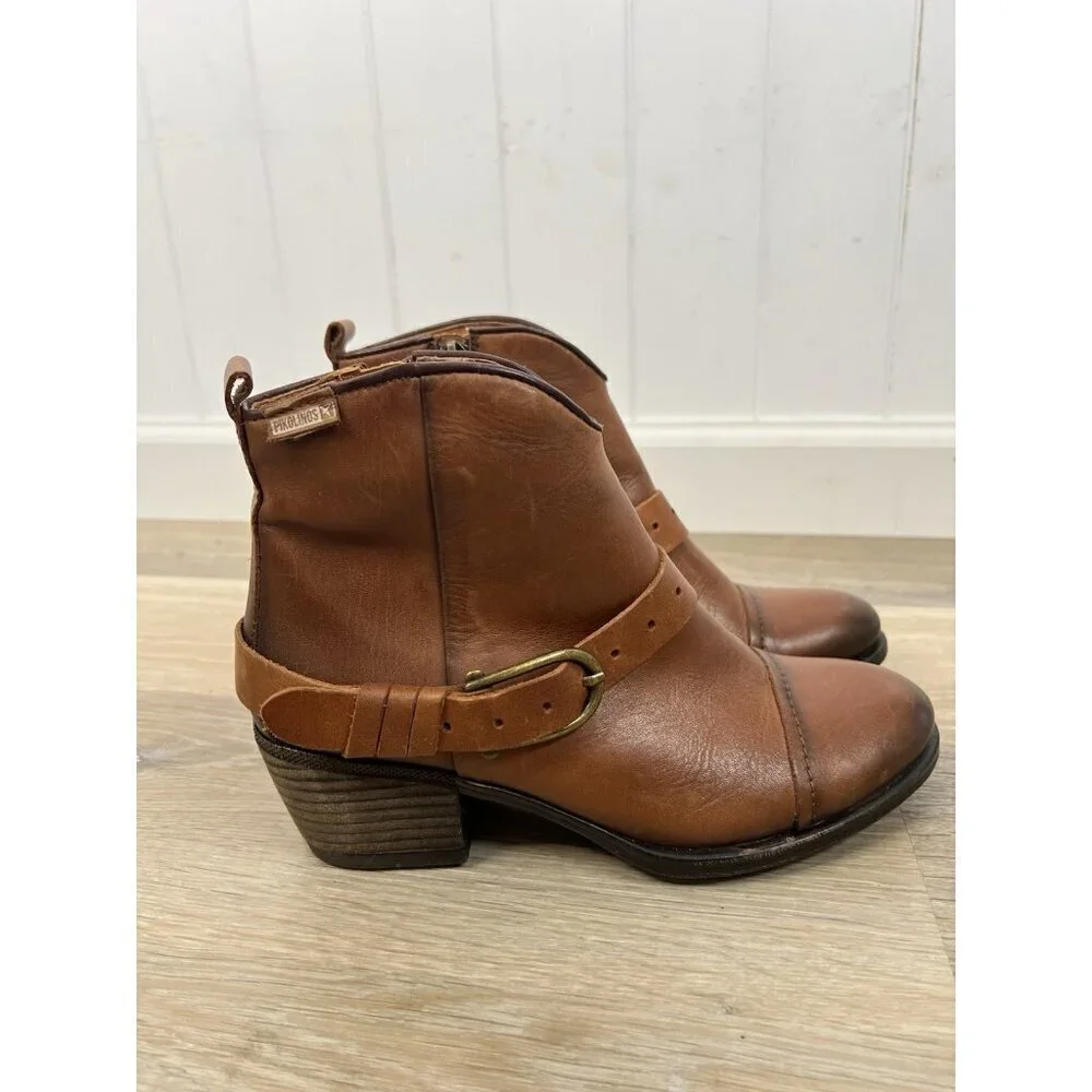 Pikolinos Balta Boots Womens 38 Brown Leather Zip Western Buckle Ankle 7.5-8