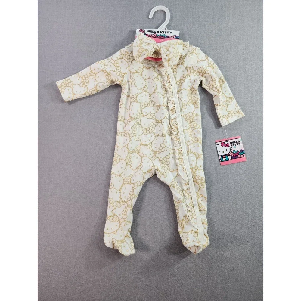 Hello Kitty Baby Girl Footed Sleeper White & Gold Ruffle Zip-Up One-Piece...