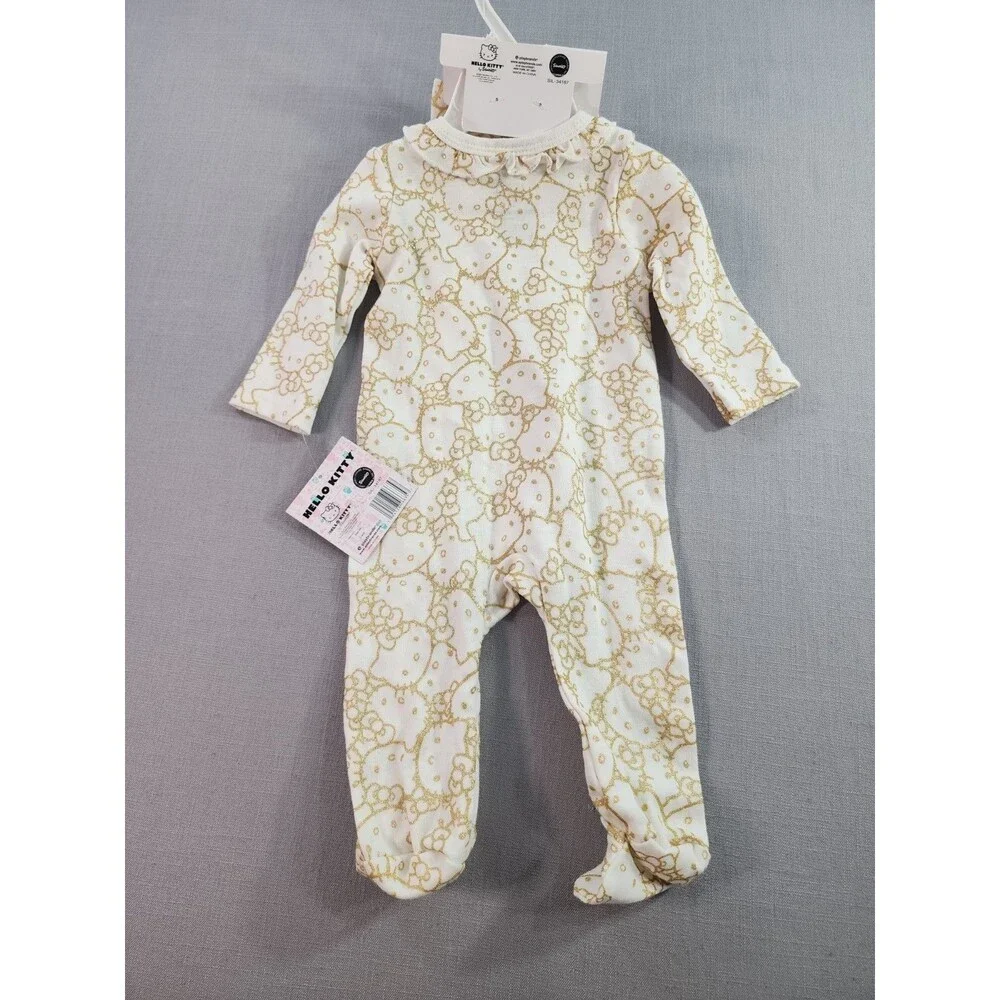 Hello Kitty Baby Girl Footed Sleeper White & Gold Ruffle Zip-Up One-Piece...