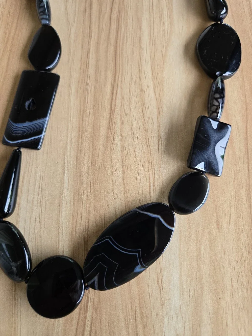 Natural Black Banded Agate Long Statement Necklace Mixed-Shape Beads Inclusions