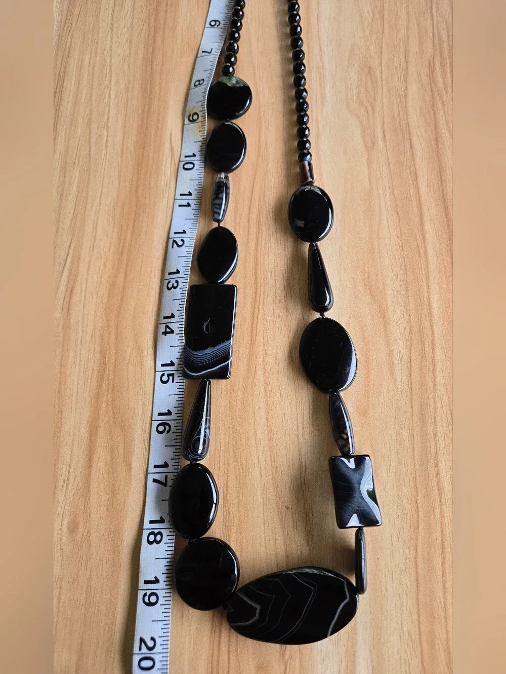 Natural Black Banded Agate Long Statement Necklace Mixed-Shape Beads Inclusions