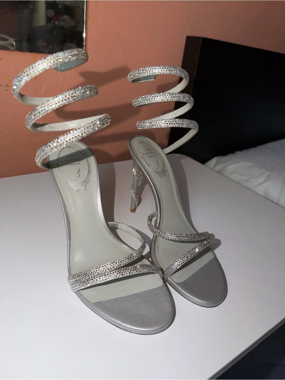 Rene Caovilla Women's Silver Margot Embellished Sandals Size 37