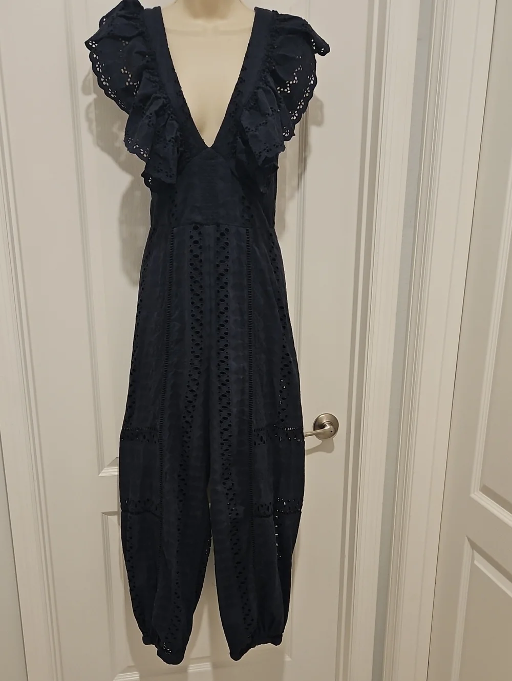 Free People Mikayla Navy Eyelet Jumpsuit S