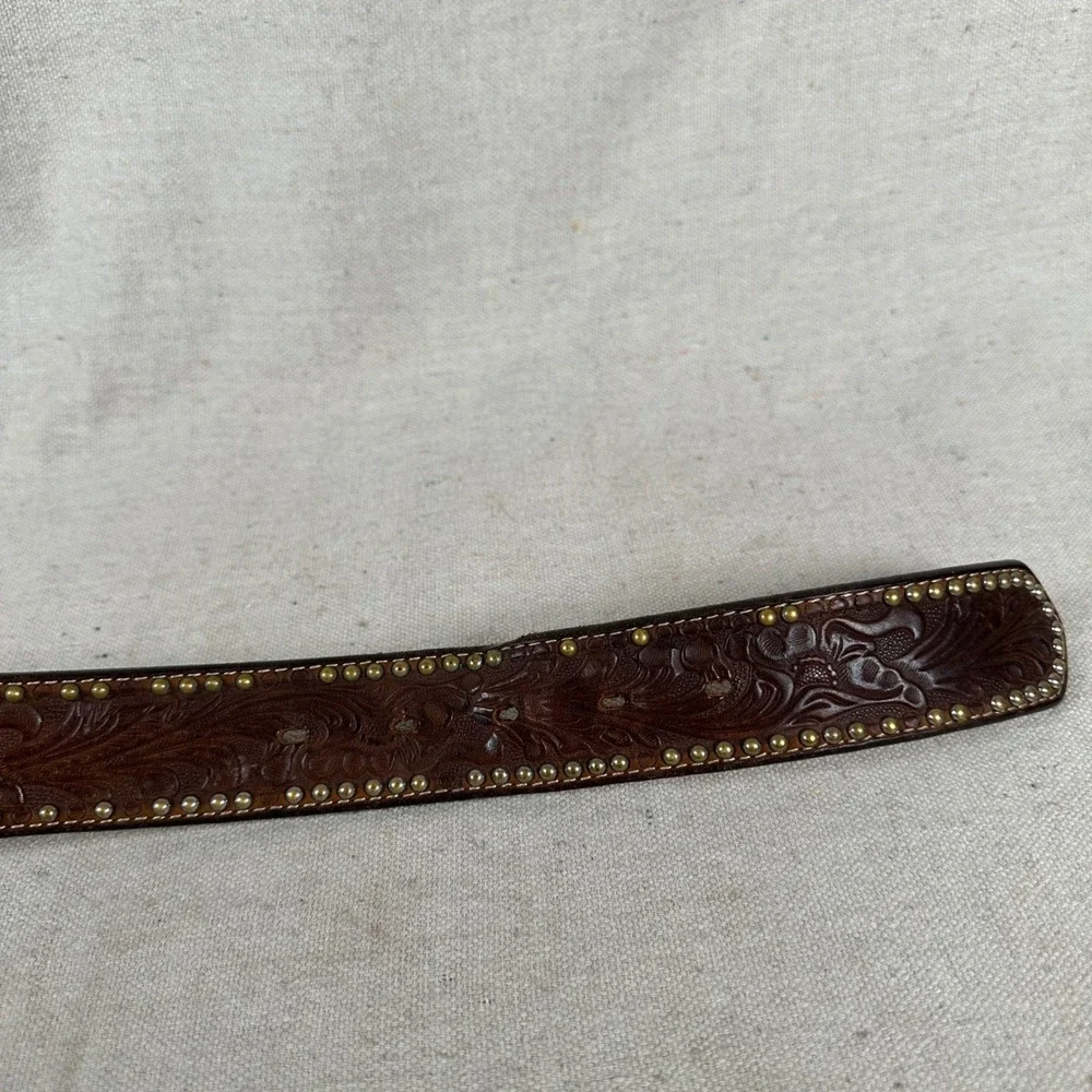 Mens Brown Tooled Leather Western Belt Silver Cross‎ Conchos Studded Size 38